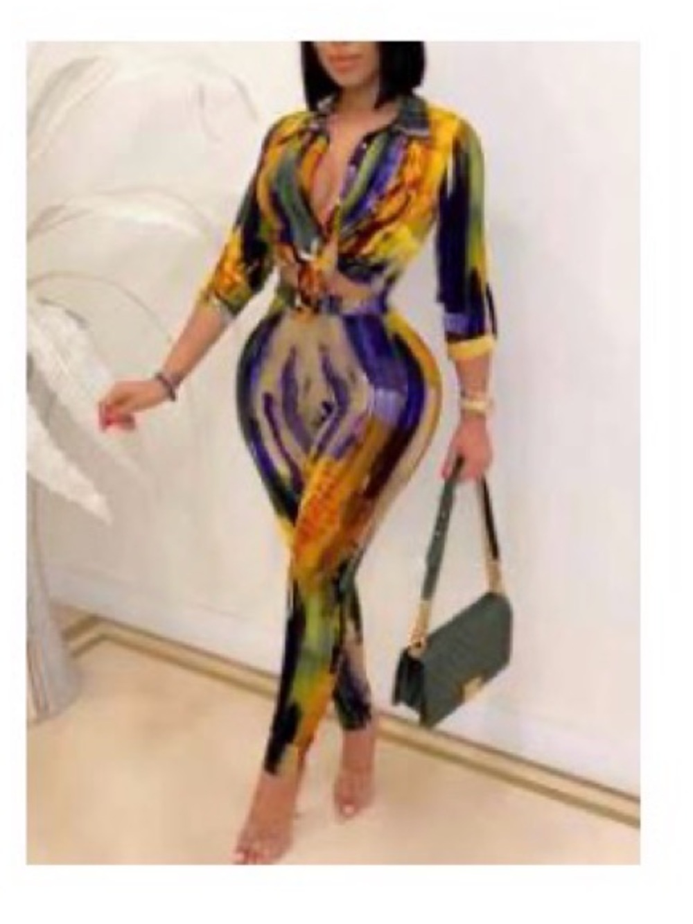 SHEIN Abstract Art colorful Matching set Brush Print Button Front Blouse & Pants